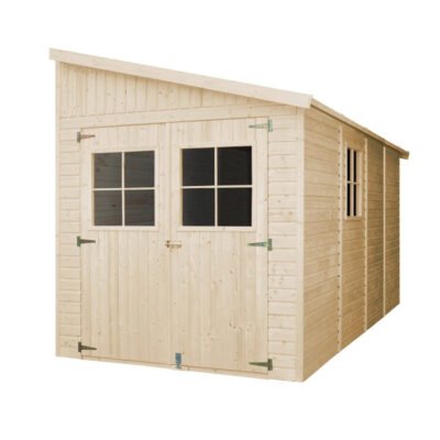 Abri de jardin adossé 8m² Timbela en panneaux 17mm avec paroi