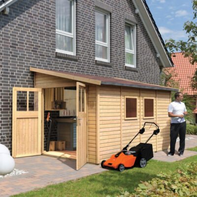 Abri de jardin adossé en bois 8.27m² certifié Bomlitz 4 Karibu