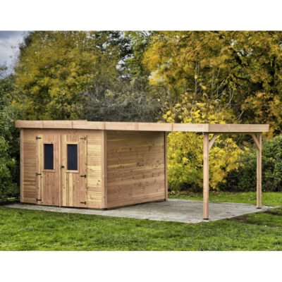 Abri de jardin en bois massif 18.36m² madriers 28mm Habrita