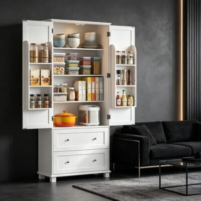 Armoire de cuisine 80 x 39.5 x 184.5 cm blanc 2 portes 2 tiroirs