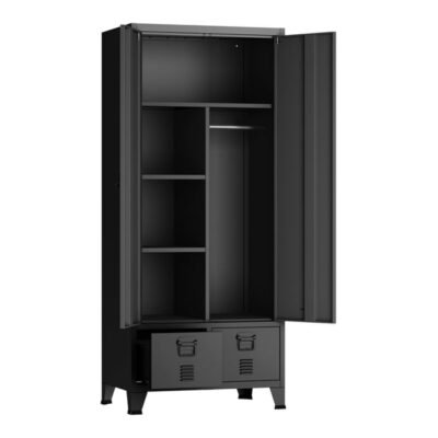 Armoire étagère acier 180 x 90 x 40 cm noir 2 tiroirs