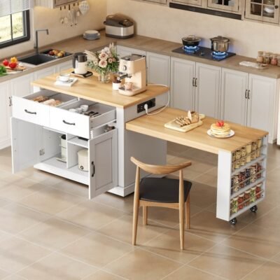 Îlot de cuisine mobile Rolipo avec table extensible et bar rétractable