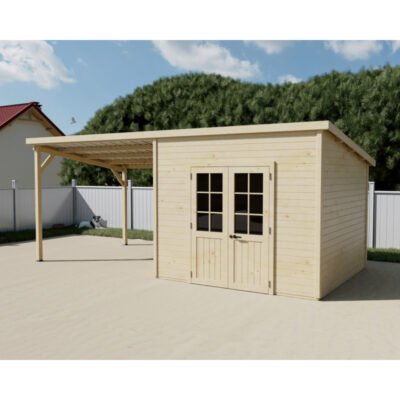 Abri de jardin en bois massif 18.36m² madriers 28mm Habrita