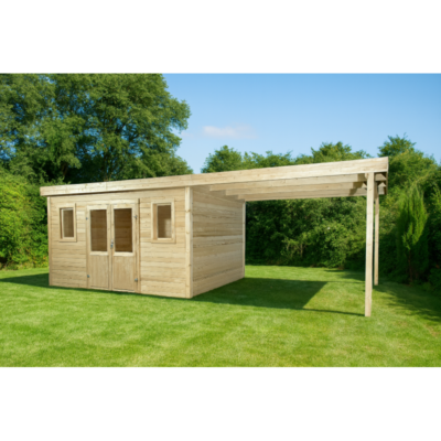 Abri de jardin en bois massif 21.05m² HABRITA avec terrasse