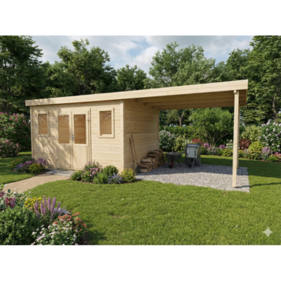 Abri de jardin en bois massif 28.09m² HABRITA avec terrasse