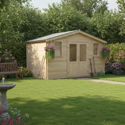 Abri de jardin en bois brut 18.76m² madriers 28mm Habrita