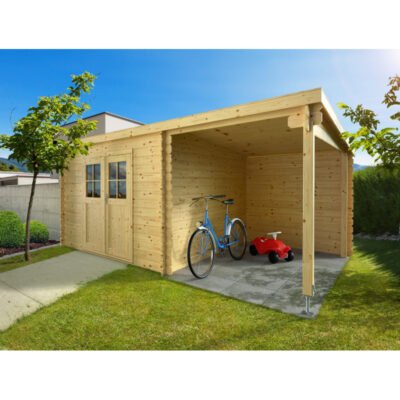 Abri de jardin en bois massif 15m² avec appentis madriers 28mm