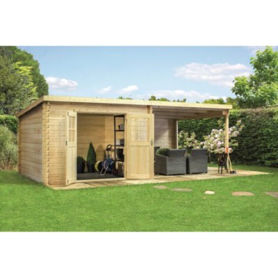 Abri de jardin en bois 18m² Eden avec appentis madriers 28mm