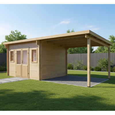 Abri de jardin en bois massif 21.05m² HABRITA avec terrasse