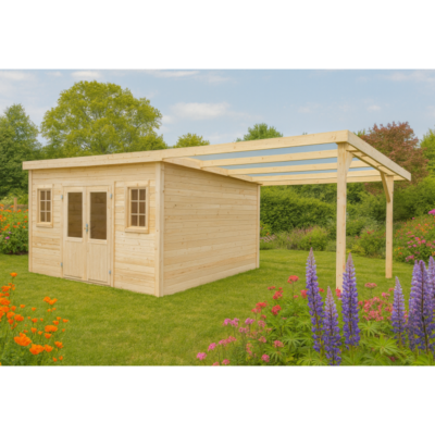 Abri de jardin en bois massif 21.38m² HABRITA avec terrasse