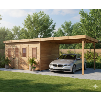 Abri de jardin en Douglas 10.64m² madriers 28mm