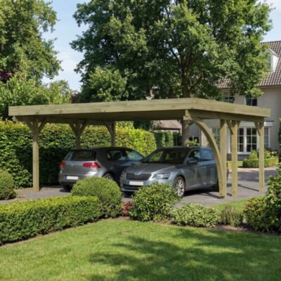 Carport double en bois 28.3m² KARIBU avec poteau en arc