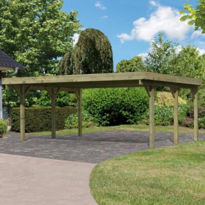 Carport double en bois 28.3m² KARIBU et toit en PVC gris
