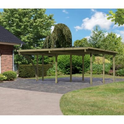 Carport en pin 27.58m² Karibu autoclave avec toit PVC