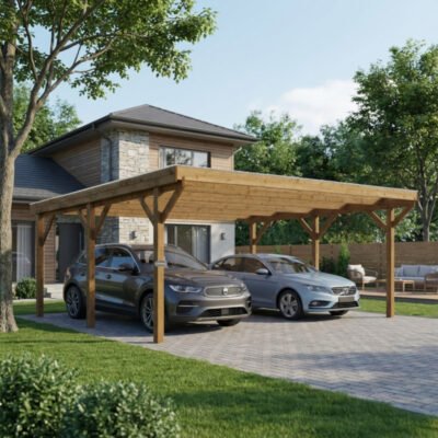 Carport Gardy Shelter 24.43m² en bois traité et teinté 6mm