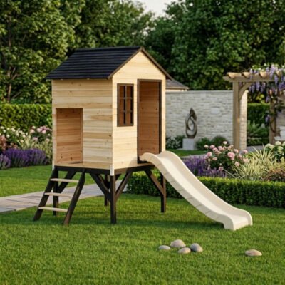 Maisonnette sur pilotis en bois FSC thermo traité avec toboggan