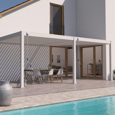 Pergola bioclimatique 3 x 6m Ombrea blanc adossée en alu