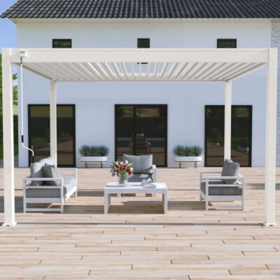Pergola Ombrea bioclimatique 3 x 4m en alu blanc lames blanches