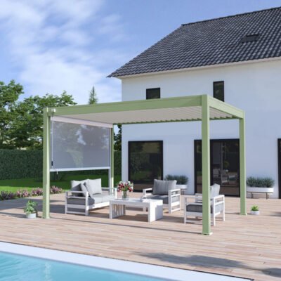 Pergola bioclimatique autoportante vert pâle en alu 3x4m Ombrea